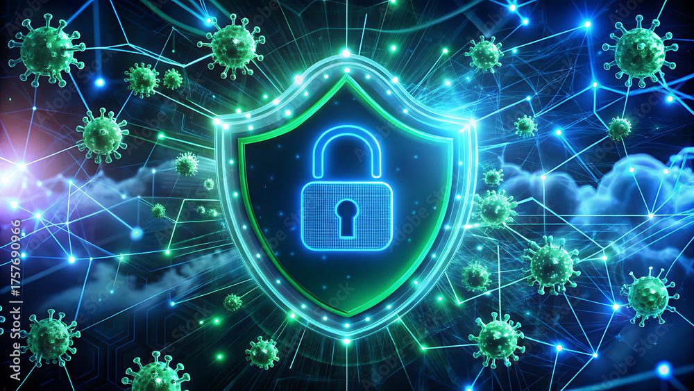 Naklejka premium Cybersecurity shield protecting against virus and malware