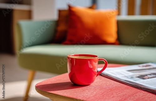 Cozy Living Room Setup With a Red Coffee Cup and Colorful Cushions on a Green...