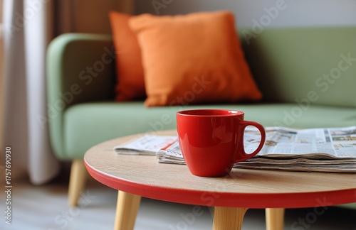 Cozy Corner With a Red Coffee Cup and Magazines on a Wooden Table in a Modern...