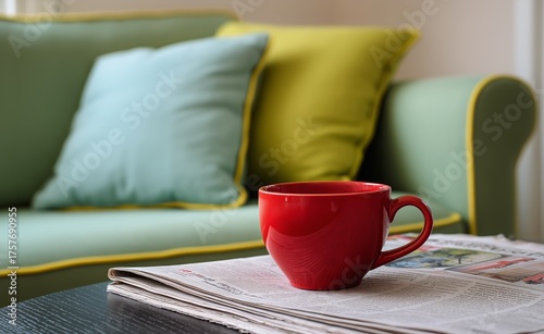 Bright Red Coffee Cup on a Newspaper Table Beside a Cozy Green and Yellow Sofa