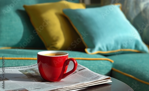 Bright Red Coffee Cup on a Newspaper Table Beside a Cozy Green and Yellow Sofa
