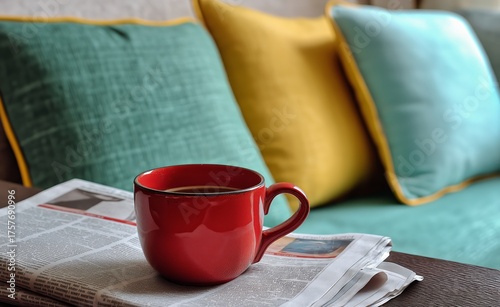 Cozy Coffee Moment on a Sunny Morning by the Colorful Couch With a Newspaper
