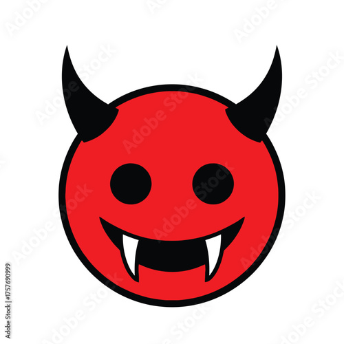 Fiery red devil emoji with sharp fangs and black horns expressing mischief and playful danger fun character isolated on transparent background