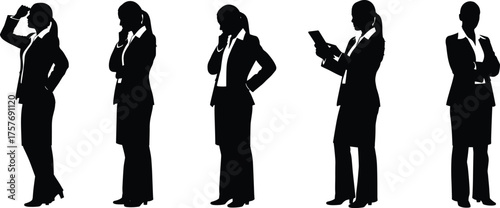 Business professional silhouette poses, thinking, decision making, analysis, leadership, corporate strategy, teamwork, planning, document review, executive posture, confidence