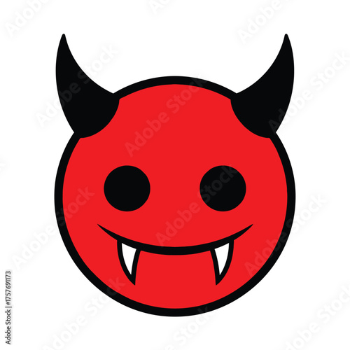 Cute cartoon devil emoji with big grin and sharp fangs expressing mischief and playful wickedness smiley face icon isolated on transparent background