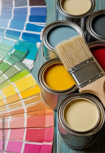 Bright Paint Cans Open Next to Color Swatches and a Brush on a Wooden Table
