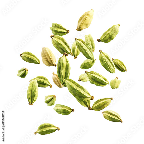 Falling green cardamom pods isolated on a transparent white background, clipping path