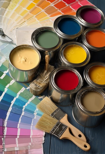 Colorful Paint Cans and Brushes Ready for a Home Renovation Project in Vibran...