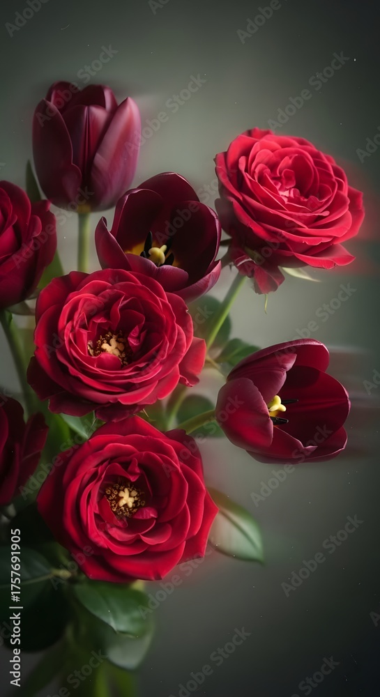 Obraz premium Y2K Soft Blurred Floral Background With Moody Red Roses And Tulips