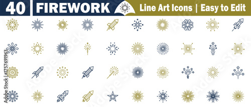 Fireworks Line Art Icons Set Illustration. Emphasizing Celebration and Sparkle, Depicting Festive Display Elements in a Modern Style. 