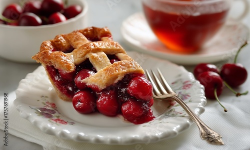 Cherry Pie Served on a Floral Plate Next to Fresh Cherries and a Cup of Tea