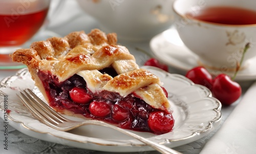 Cherry Pie Served With Tea and Fresh Cherries in a Cozy Setting
