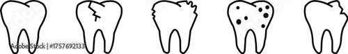 Tooth or teeth icons for dentistry clinic, toothpaste and dental mouthwash. Vector outline healthy tooth or teeth icons
