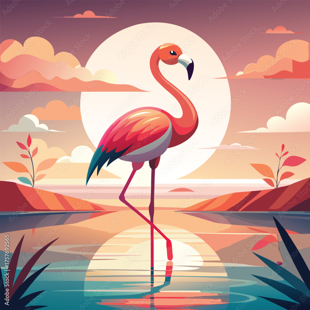 Naklejka premium Vibrant Flamingo Against a Beautiful Sunset Landscape vibrant flamingo against