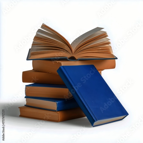 Stacked Books With an Open Blue Book Showing Its Pages Against a Light Backgr...