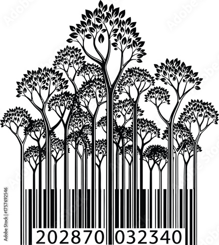 Stylized black trees with leaves forming a barcode pattern against a white background