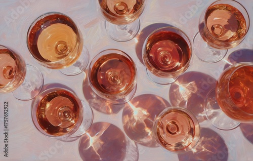 Elegant Arrangement of Rose Wine Glasses Casting Playful Shadows on a Soft Su...