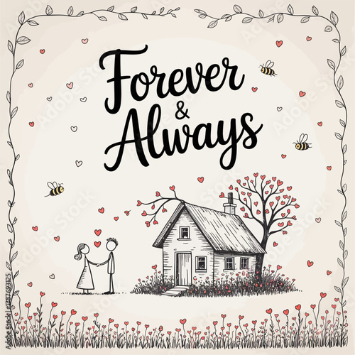 Forever & Always: A charming illustration depicts enduring love, with a couple holding hands in front of their home, surrounded by hearts and a decorative border