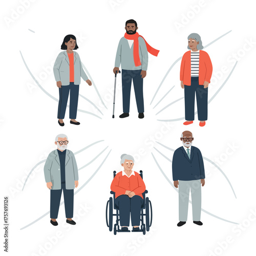 Diverse group of elderly people with different abilities and backgrounds illustrated.