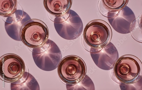 Elegant Arrangement of Rose Wine Glasses Casting Playful Shadows on a Soft Su...