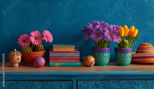 Colorful Pottery and Flowers on a Vibrant Table in a Sunny Mexican-inspired S...