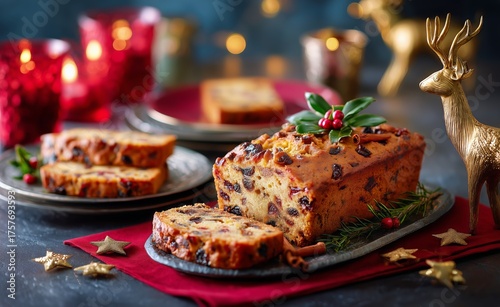 Festive Fruitcake Served on a Table With Golden Decorations and Red Candles D...