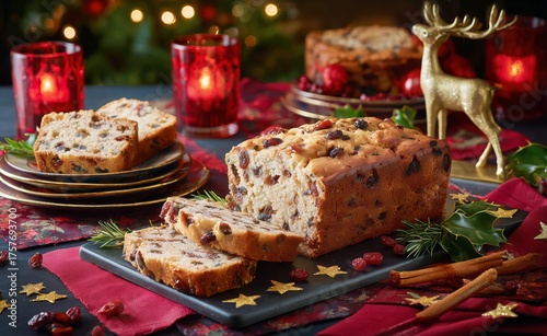 Festive Fruitcake Decorated With Berries and Herbs for Holiday Celebrations a...