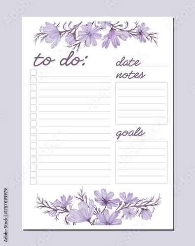  To-do list and goals planner template with watercolor purple cosmos flowers. Printable  daily organizer for personal use, journaling, or productivity.