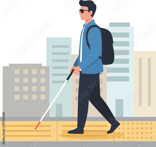Visually impaired young man with a white cane and backpack navigates a city street, using tactile paving for safe urban mobility, symbolizing independence and accessibility.