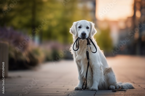 Golden Retriever Sits Patiently on a Leash in a Quiet City Park During Dusk W...
