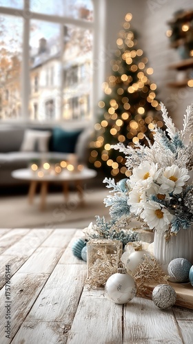 Cozy christmas interior with festive decorations on a rustic wooden table, white flowers and ornaments creating a warm holiday atmosphere in a domestic setting