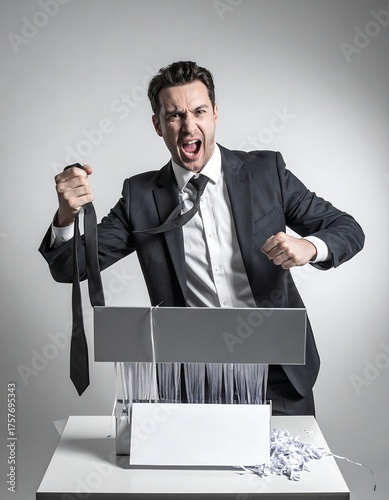 An angry man shreds paper in an office setting