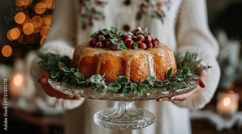 Delicious Holiday Dessert With Caramel Topping and Greenery on a Glass Plate ...