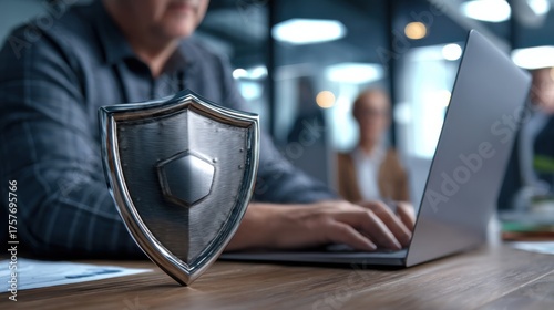 Business professional working at desk with laptop and security trophy in modern office setting
