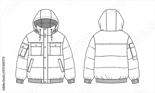 Hooded technical jacket front and back, cad drawing flat vector illustration, flap and zipper pockets, ribbed cuffs, structured outerwear design