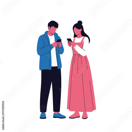 Young couple absorbed in their smartphones during a casual encounter showcasing modern digital communication and social disconnection visually isolated on transparent background