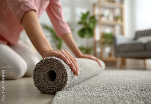 Rolling out a Soft Carpet in a Cozy Living Room During a Home Interior Makeover