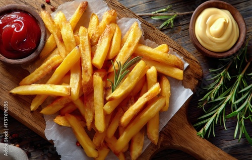 Crispy Golden Fries Served With Ketchup and Mustard on a Wooden Platter With ...