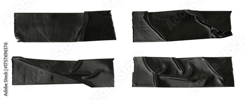 Set of black adhesive tapes on a white background, black paper adhesive tape strips of different sizes on a transparent background.
