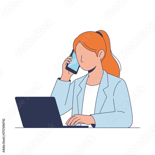 Professional woman working on laptop and talking on mobile phone businesswoman with red hair at desk multitasking and communicating effectively isolated on transparent background