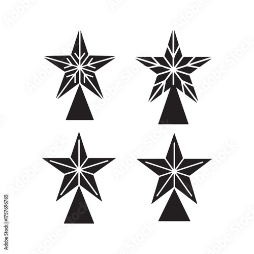 Four decorative star toppers for christmas trees featuring intricate geometric designs and solid conical bases