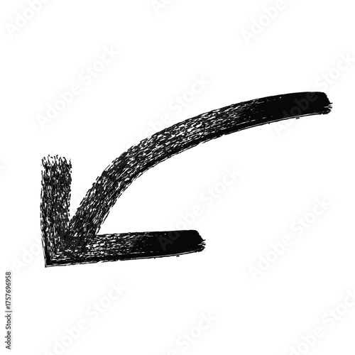Hand drawn black arrow pointing down and left curved sketchy marker style icon silhouette