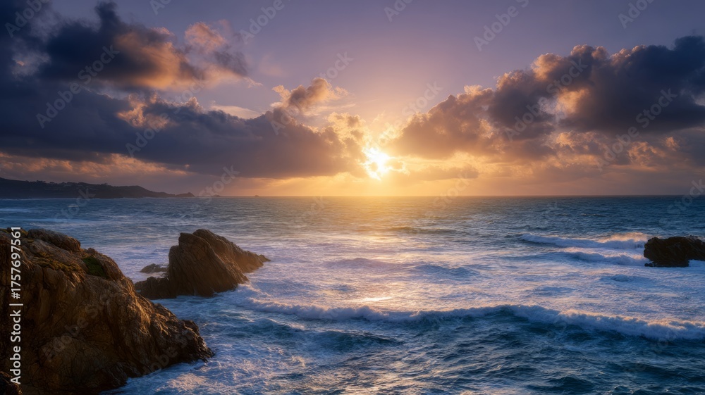 Obraz premium Dramatic coastal sunset over rocky shoreline. AI image