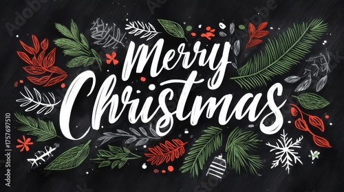 Merry Christmas greeting with festive decorations in vibrant colors on a chalkboard background