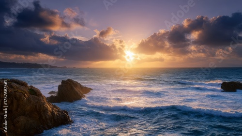 Dramatic coastal sunset over rocky shoreline. AI image