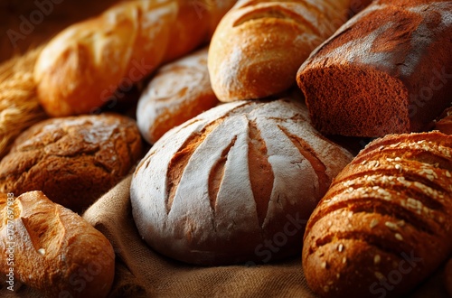 Freshly Baked Bread Assortment Displayed on a Wooden Table at a Local Bakery ...