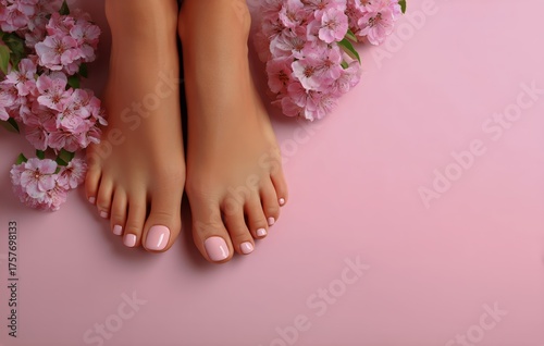 Close up of Well-Groomed Feet Surrounded by Fresh Pink Flowers on a Pink Back...