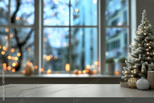 Festive Decor Featuring a Small Christmas Tree and Warm Lights by the Window ...