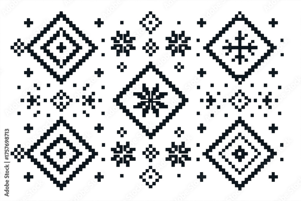 Fototapeta premium Black pixel art geometric winter seamless pattern