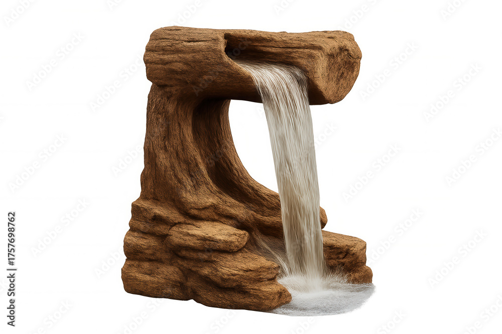 Fototapeta premium Decorative rustic waterfall fountain made of wood log and rocks, creating a serene garden water feature
